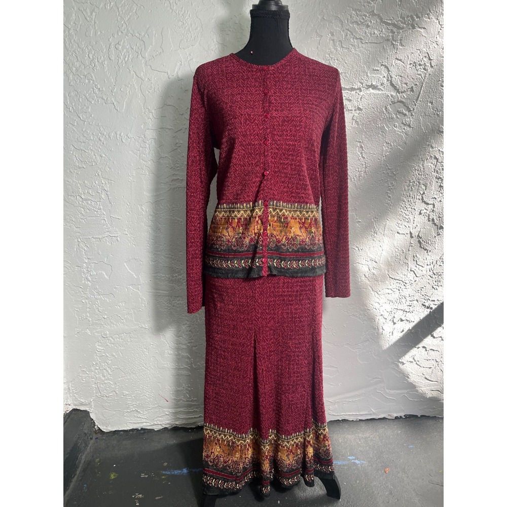 Plant Plant by Rafael Vintage 2 Piece Skirt Cardigan Set Burgundy M/L